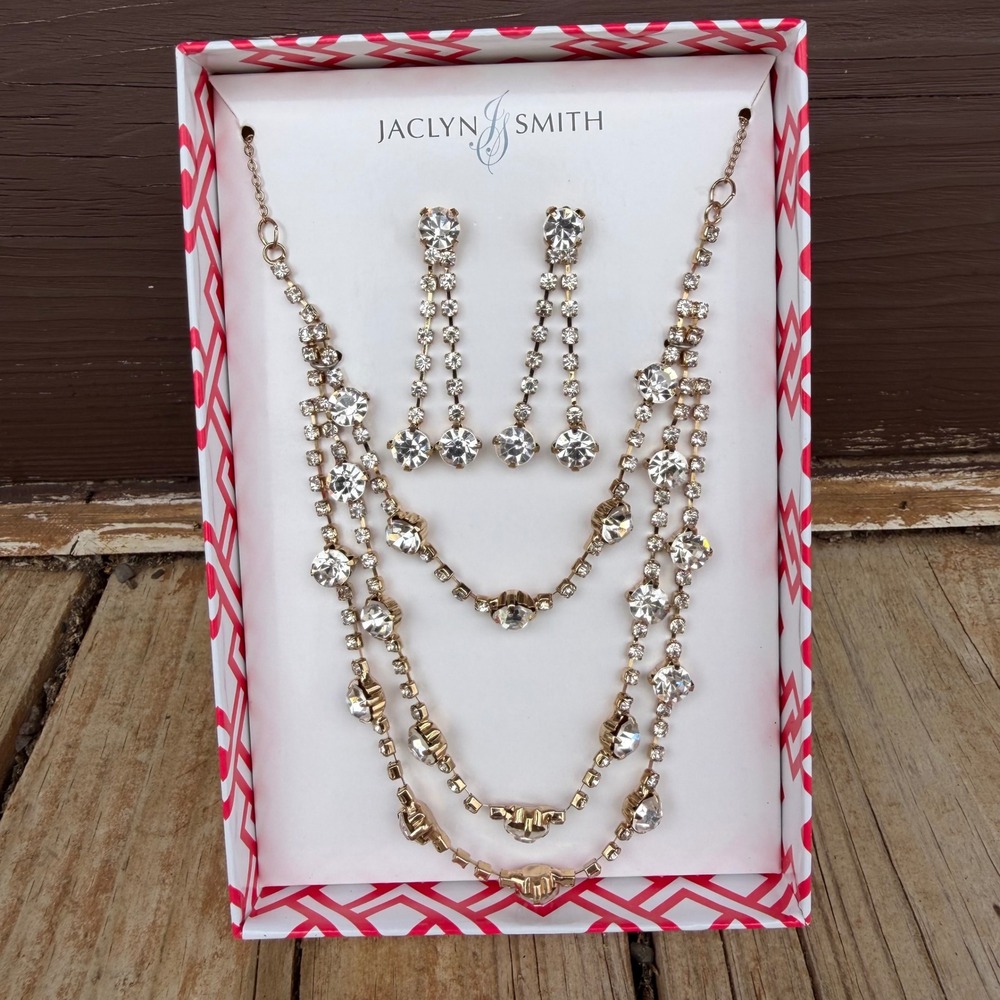 Jaclyn Smith Necklace and Earring Set Womens Gold Tone‎ Clear Rhinestone Tiered